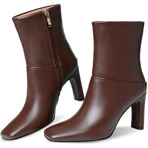 Women's Brown Fashion Square Toe Short Boots Side Zipper Low Heel Ankle Boots